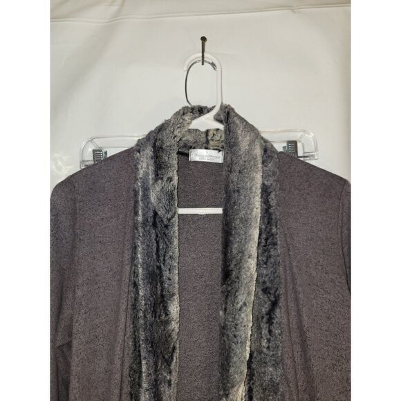 Wine Street Women's Open Front Knit Cardigan faux fur lined grey S made in USA - Picture 2 of 5